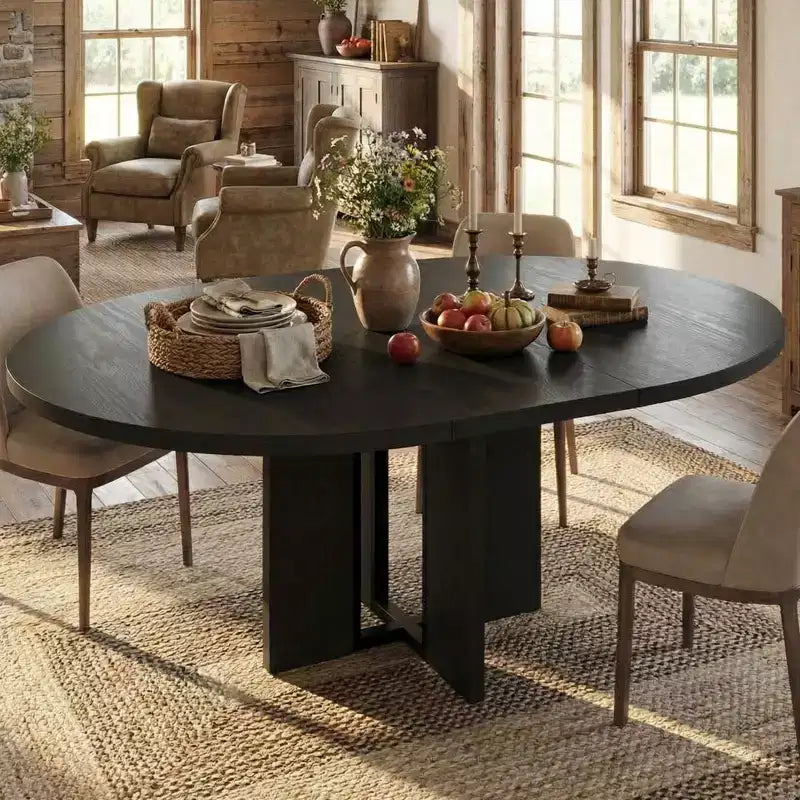 47-63 Extendable Round Dining Room Table for 4-8, Farmhouse Wooden Kitchen Table w/ Wider Leg, Metal Support, Oval Circle, for Dinner, Kitchen