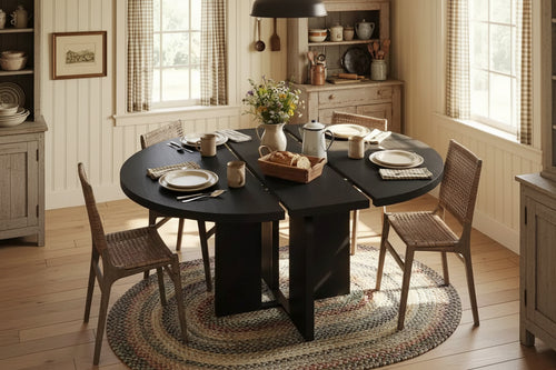 47-63 Extendable Round Dining Room Table for 4-8, Farmhouse Wooden Kitchen Table w/ Wider Leg, Metal Support, Oval Circle, for Dinner, Kitchen