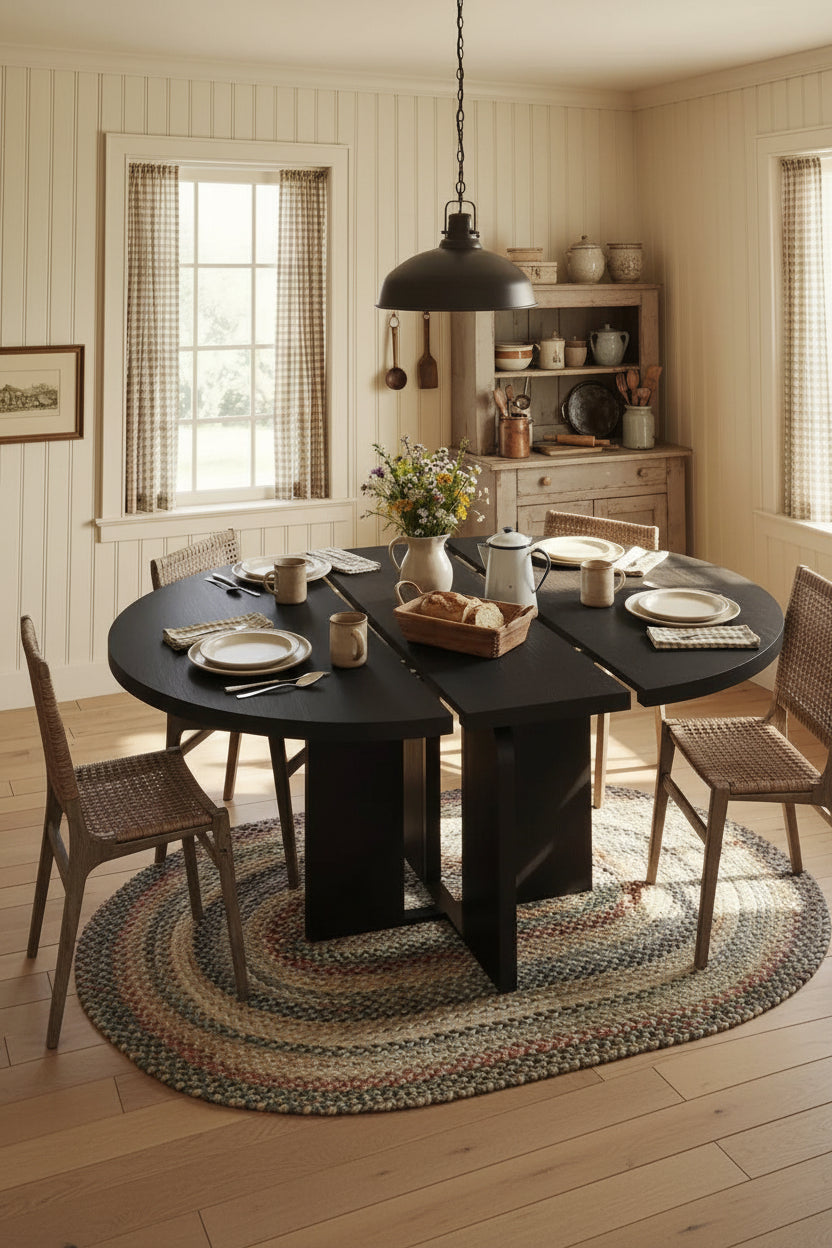 47-63 Extendable Round Dining Room Table for 4-8, Farmhouse Wooden Kitchen Table w/ Wider Leg, Metal Support, Oval Circle, for Dinner, Kitchen