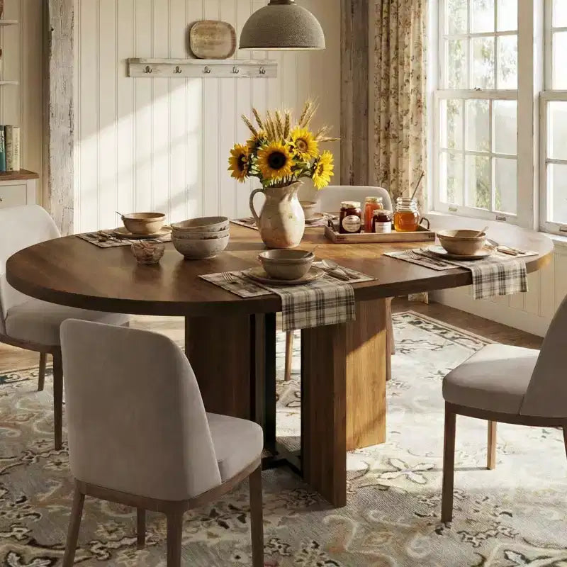 47-63 Extendable Round Dining Room Table for 4-8, Farmhouse Wooden Kitchen Table w/ Wider Leg, Metal Support, Oval Circle, for Dinner, Kitchen