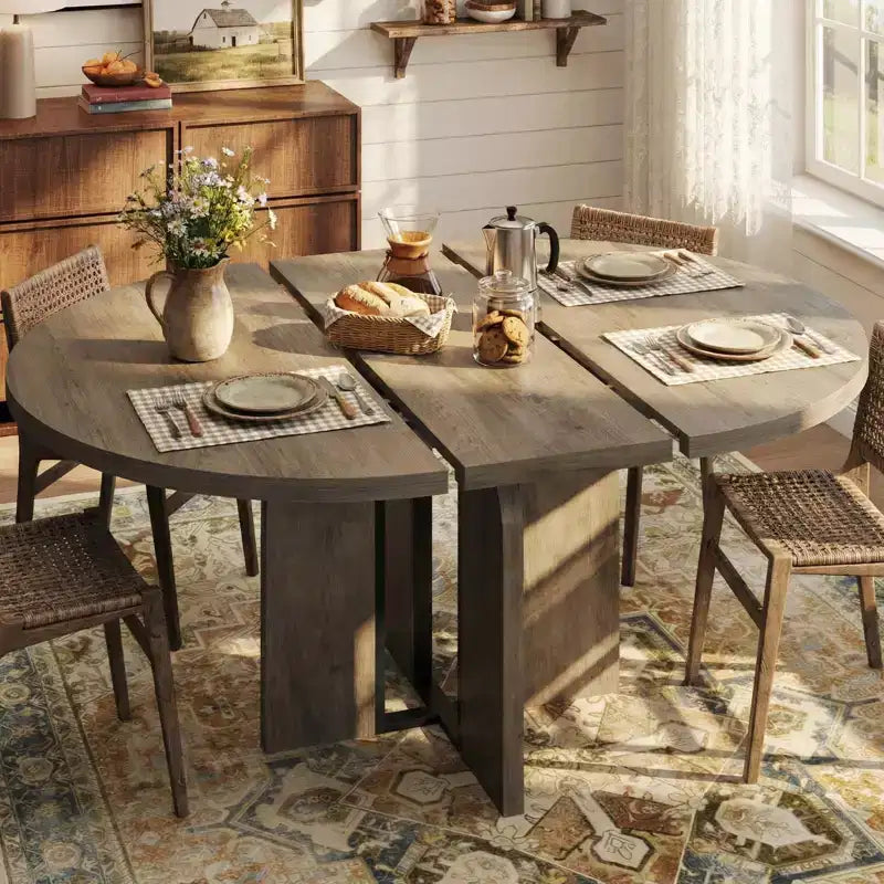 47-63 Extendable Round Dining Room Table for 4-8, Farmhouse Wooden Kitchen Table w/ Wider Leg, Metal Support, Oval Circle, for Dinner, Kitchen