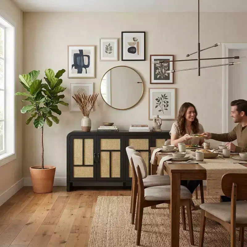 Sideboard Buffet Cabinet with Rattan Doors, Large Storage Cabinet with Shelves for Dining Room, Living Room, Entryway Storage Organizer