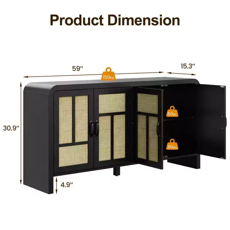 Sideboard Buffet Cabinet with Rattan Doors, Large Storage Cabinet with Shelves for Dining Room, Living Room, Entryway Storage Organizer