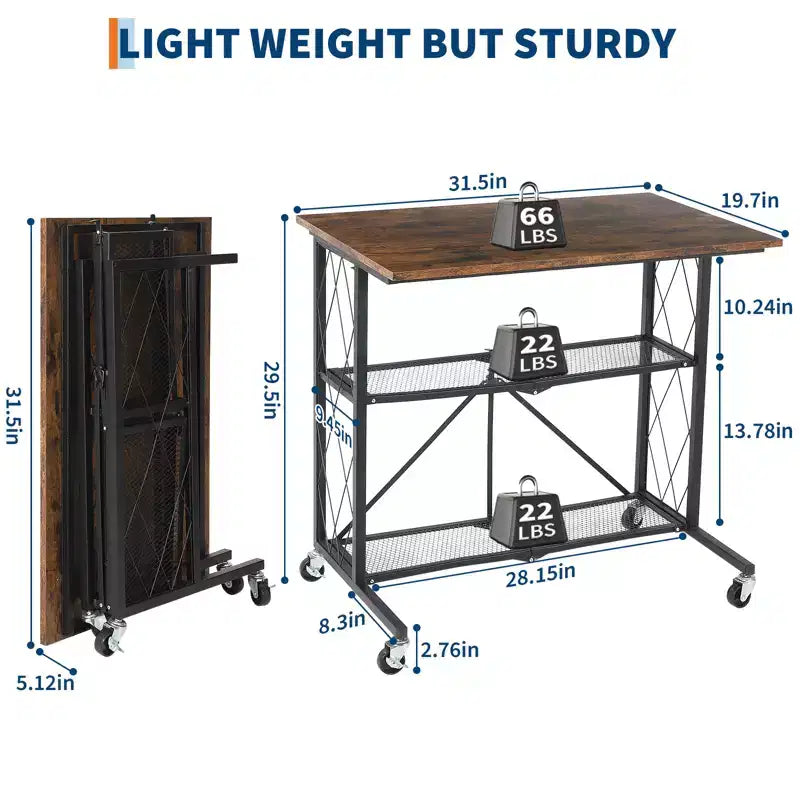 No-Assembly 3-Tier Collapsible Computer Desk with Wheels, Freestanding Metal Wire Shelf - Multipurpose Table for Study, Kitchen, Living Room, Balcony
