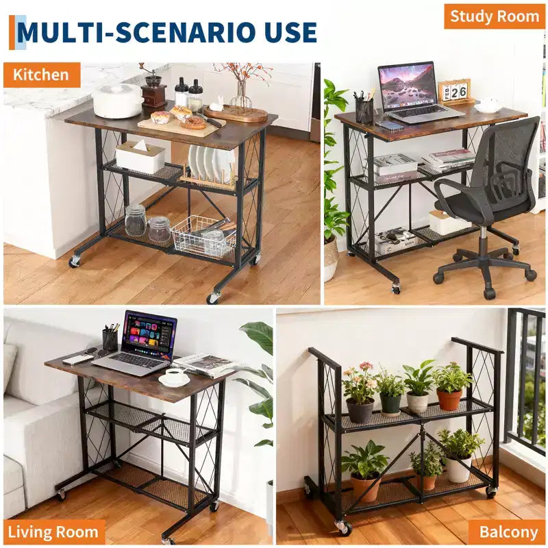 No-Assembly 3-Tier Collapsible Computer Desk with Wheels, Freestanding Metal Wire Shelf - Multipurpose Table for Study, Kitchen, Living Room, Balcony