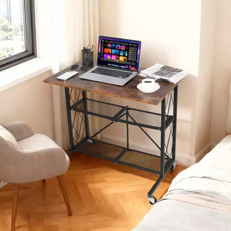 No-Assembly 3-Tier Collapsible Computer Desk with Wheels, Freestanding Metal Wire Shelf - Multipurpose Table for Study, Kitchen, Living Room, Balcony