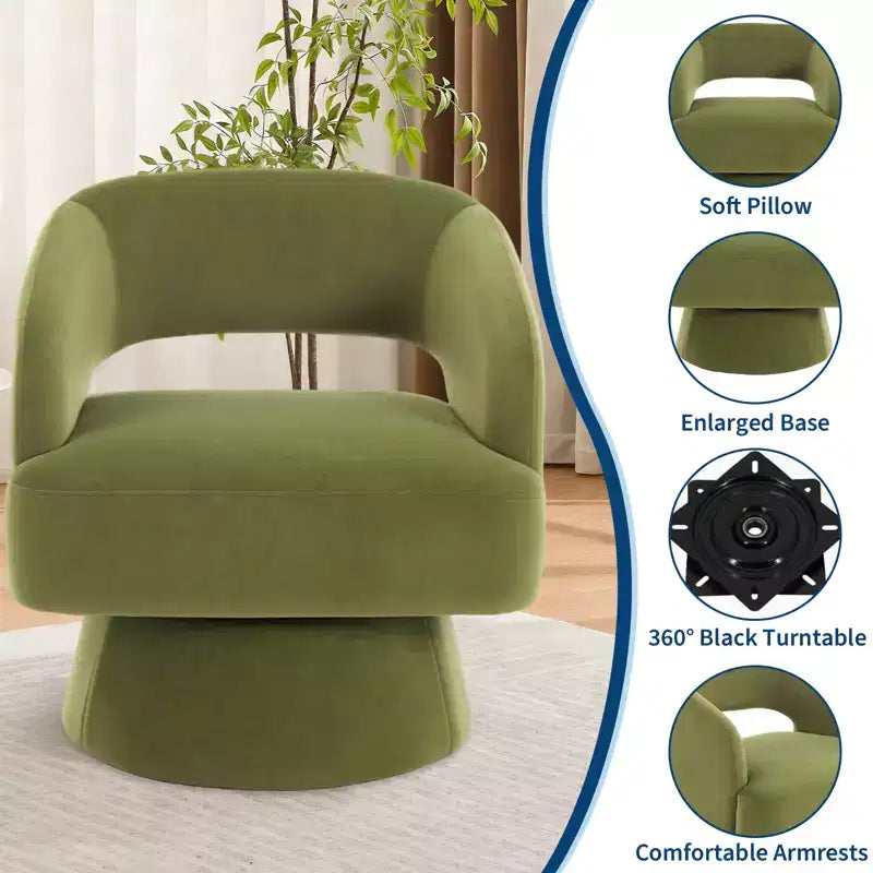 360 Swivel Velvet Barrel Chair, Modern Accent Armchair with Striped Backrest, Plush Cushion for Living Room, Bedroom