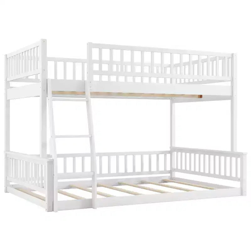 Queen Size Wood Bed with Guardrail, Ladder, Easy Assembly