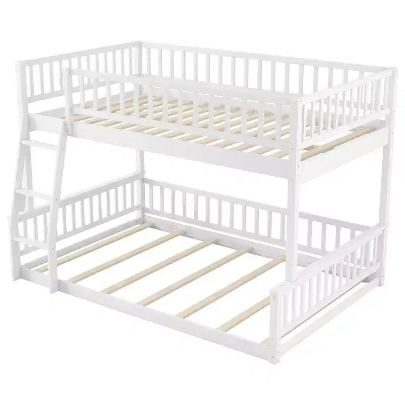 Queen Size Wood Bed with Guardrail, Ladder, Easy Assembly