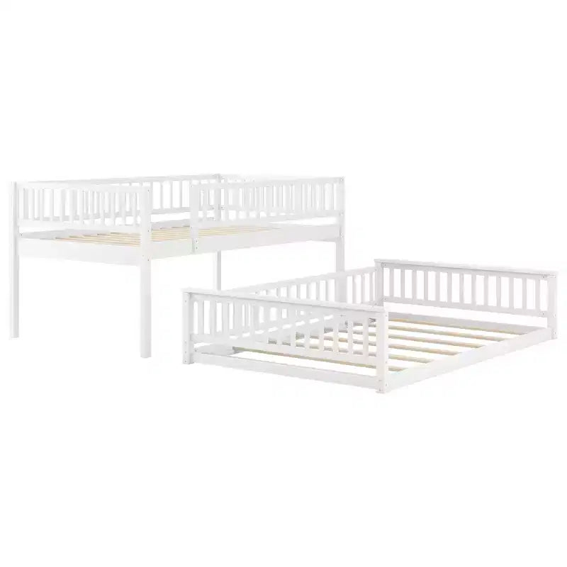 Queen Size Wood Bed with Guardrail, Ladder, Easy Assembly