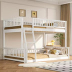 Queen Size Wood Bed with Guardrail, Ladder, Easy Assembly