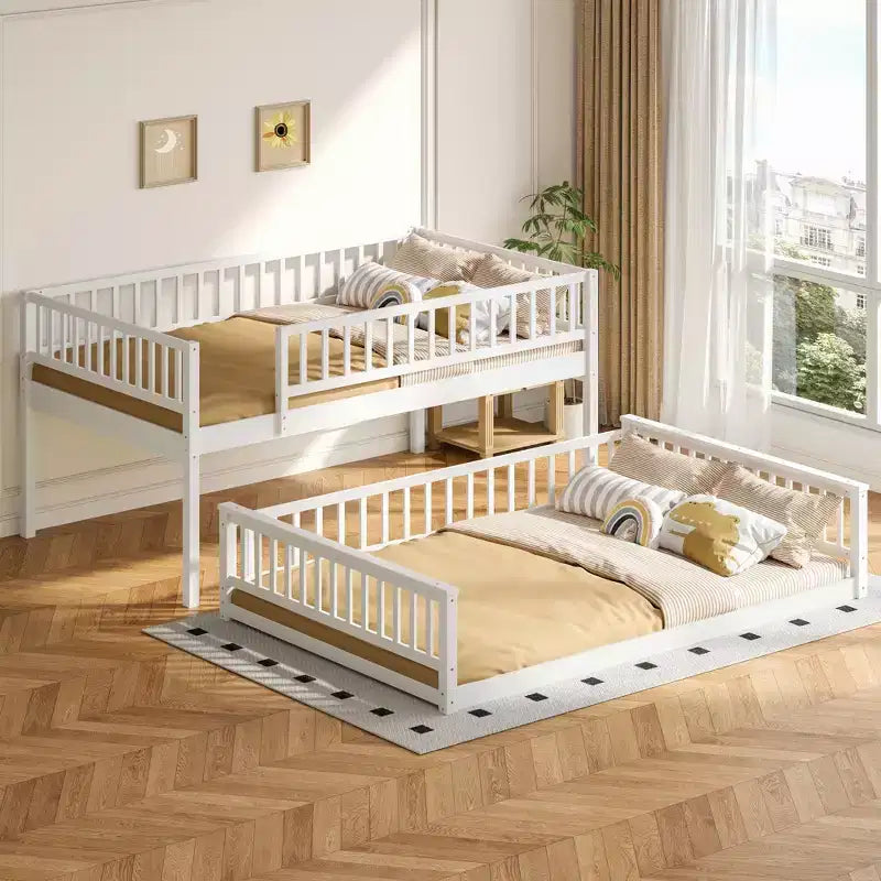 Queen Size Wood Bed with Guardrail, Ladder, Easy Assembly
