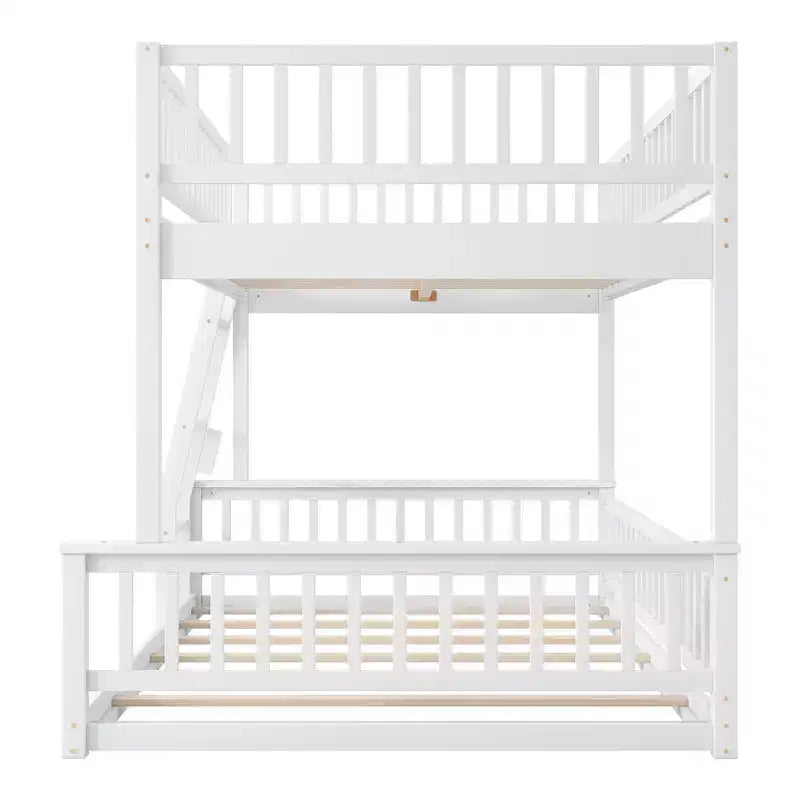Queen Size Wood Bed with Guardrail, Ladder, Easy Assembly