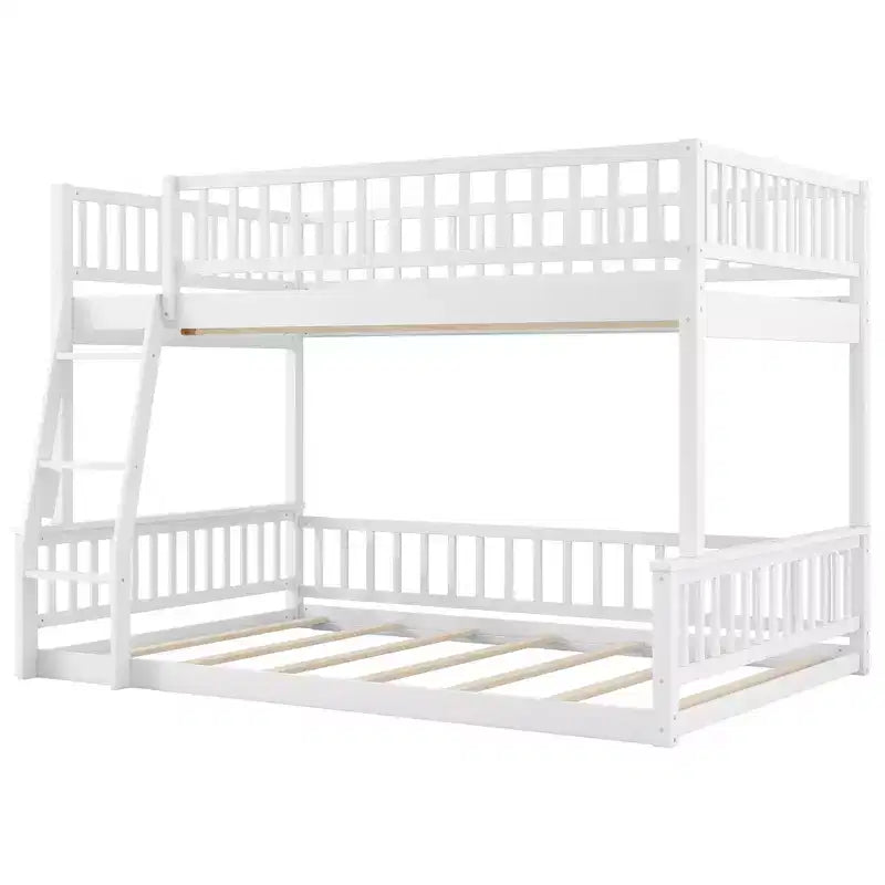 Queen Size Wood Bed with Guardrail, Ladder, Easy Assembly