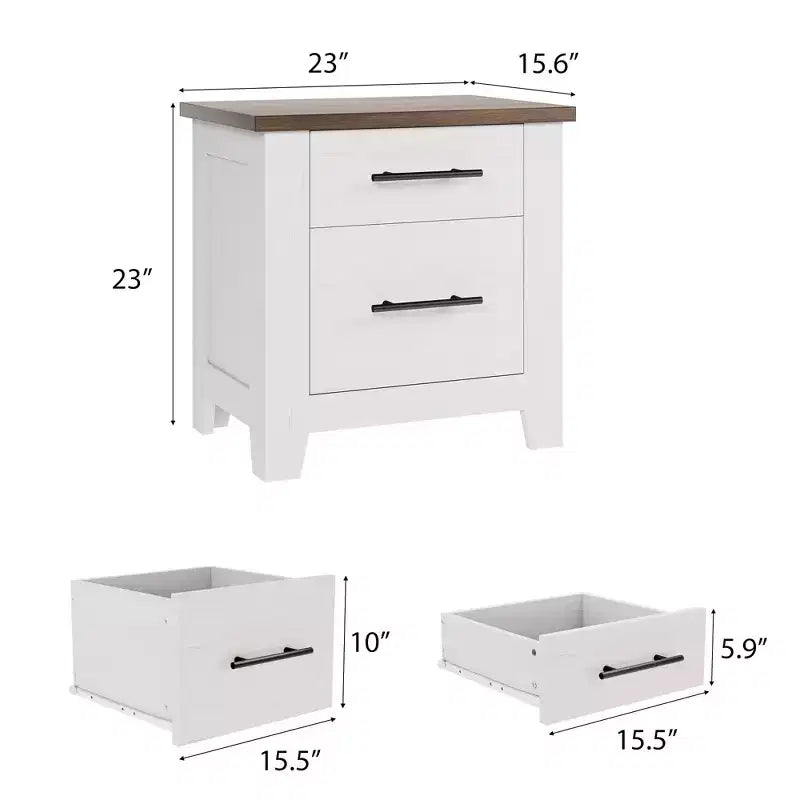 Space-Saving 2-Drawer Farmhouse Nightstand, Distressed White Bedside Table w/ Brown Top, Rustic Wood End Table for Bedroom & Living Room Sofa