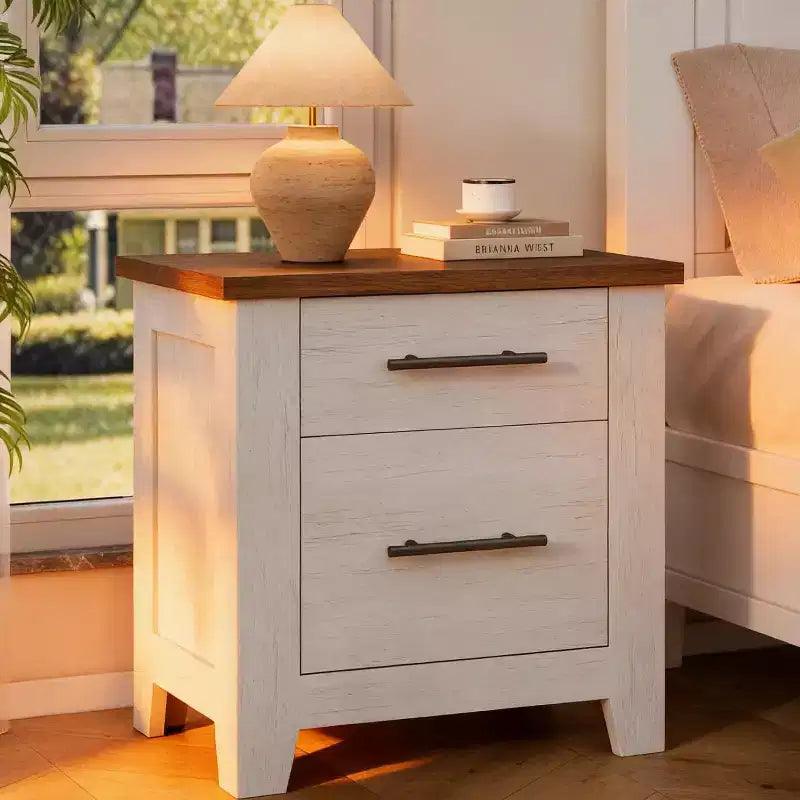 Space-Saving 2-Drawer Farmhouse Nightstand, Distressed White Bedside Table w/ Brown Top, Rustic Wood End Table for Bedroom & Living Room Sofa
