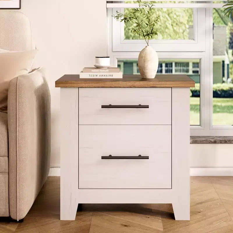 Space-Saving 2-Drawer Farmhouse Nightstand, Distressed White Bedside Table w/ Brown Top, Rustic Wood End Table for Bedroom & Living Room Sofa