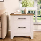 Space-Saving 2-Drawer Farmhouse Nightstand, Distressed White Bedside Table w/ Brown Top, Rustic Wood End Table for Bedroom & Living Room Sofa