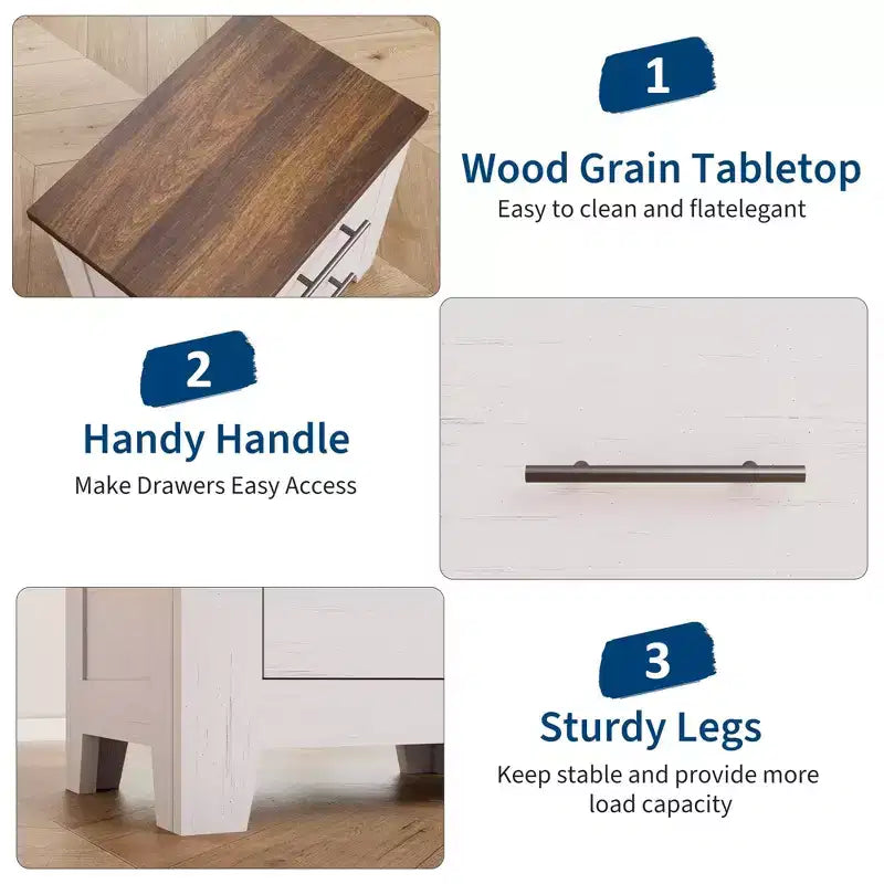 Space-Saving 2-Drawer Farmhouse Nightstand, Distressed White Bedside Table w/ Brown Top, Rustic Wood End Table for Bedroom & Living Room Sofa