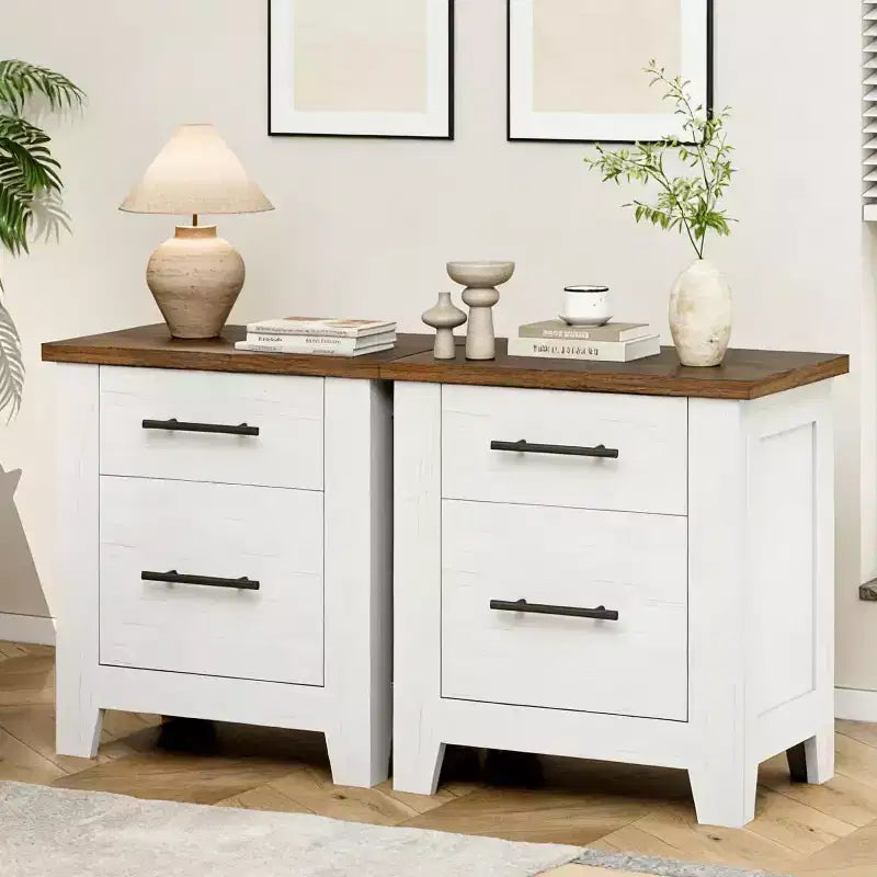 Space-Saving 2-Drawer Farmhouse Nightstand, Distressed White Bedside Table w/ Brown Top, Rustic Wood End Table for Bedroom & Living Room Sofa