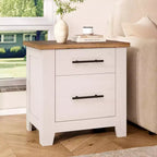 Space-Saving 2-Drawer Farmhouse Nightstand, Distressed White Bedside Table w/ Brown Top, Rustic Wood End Table for Bedroom & Living Room Sofa