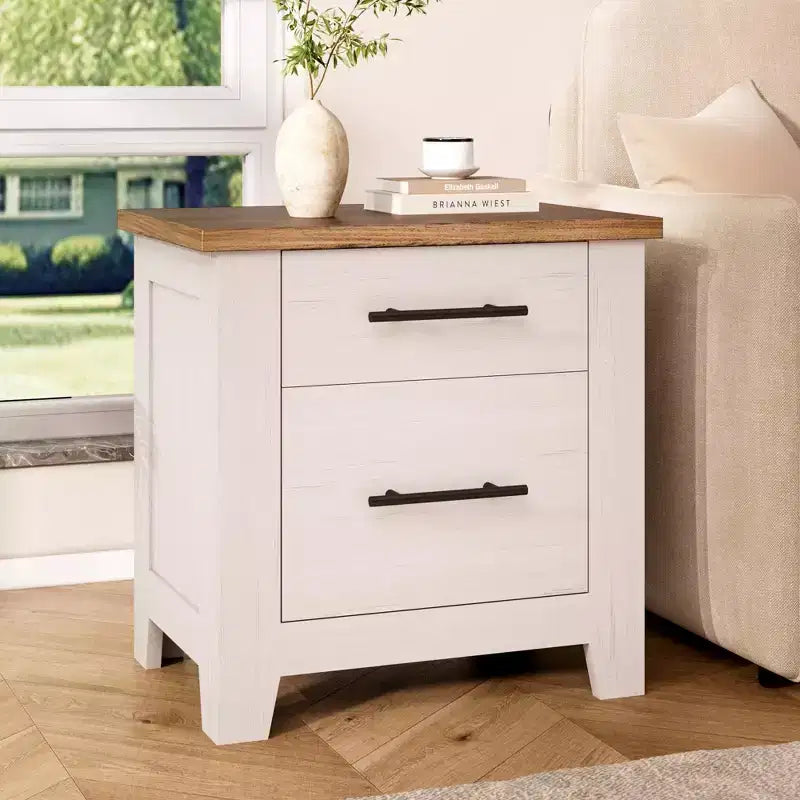 Space-Saving 2-Drawer Farmhouse Nightstand, Distressed White Bedside Table w/ Brown Top, Rustic Wood End Table for Bedroom & Living Room Sofa