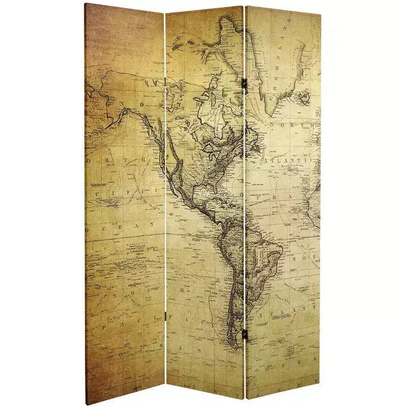 6-Panel Double Sided Vintage World Map Canvas Room Divider Beige - Spruce Wood Frame, No Assembly Required