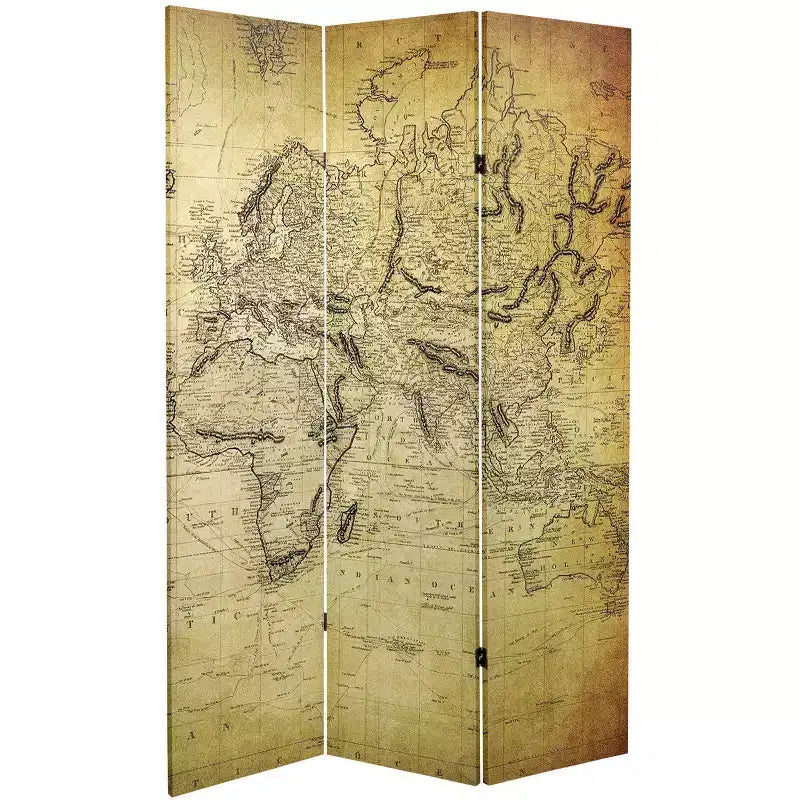 6-Panel Double Sided Vintage World Map Canvas Room Divider Beige - Spruce Wood Frame, No Assembly Required