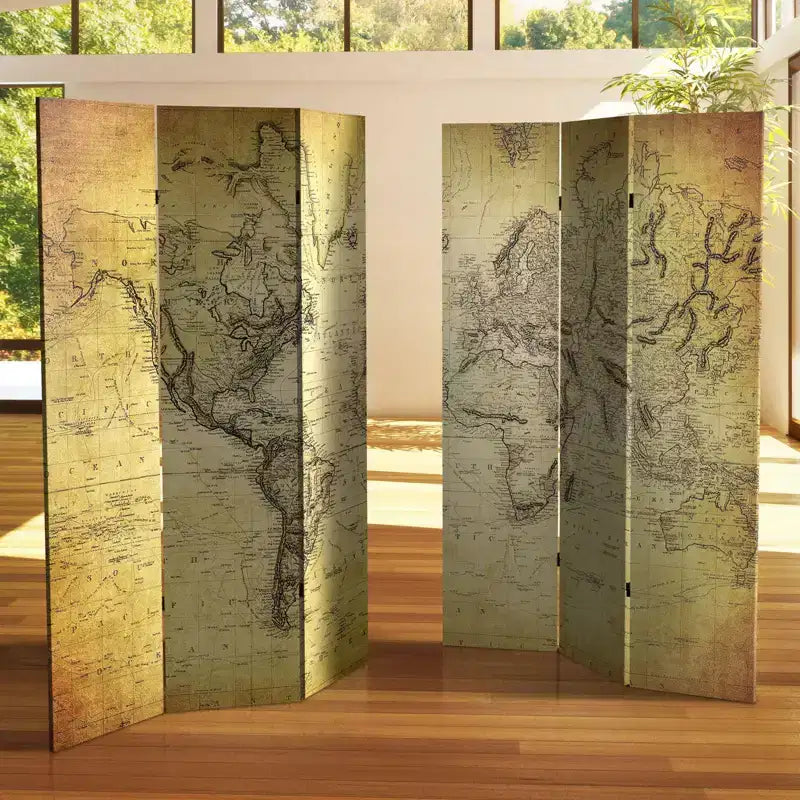 6-Panel Double Sided Vintage World Map Canvas Room Divider Beige - Spruce Wood Frame, No Assembly Required
