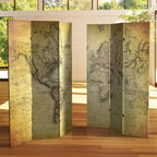 6-Panel Double Sided Vintage World Map Canvas Room Divider Beige - Spruce Wood Frame, No Assembly Required