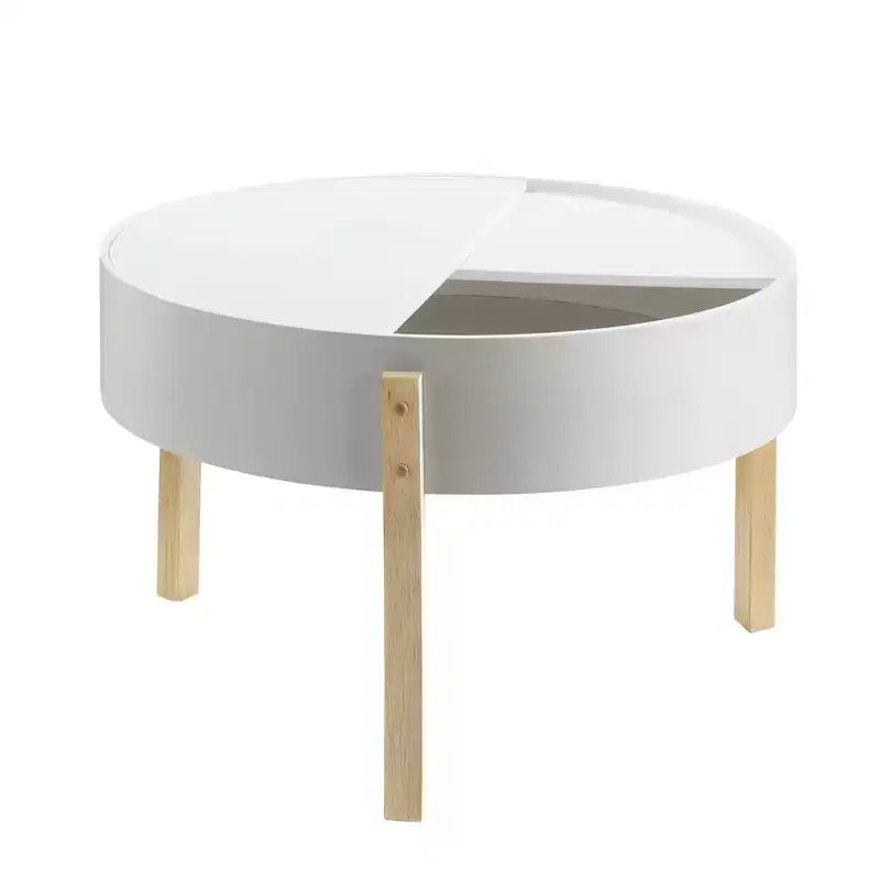 Round Coffee Table White/Natural - Mid-Century Modern, Hidden Storage