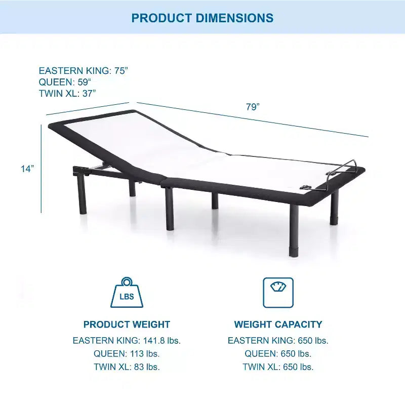 King Harmony Adjustable Bed Frame with Battery Back Up - Furniture of America: USB Ports, Polyester, Steel Frame