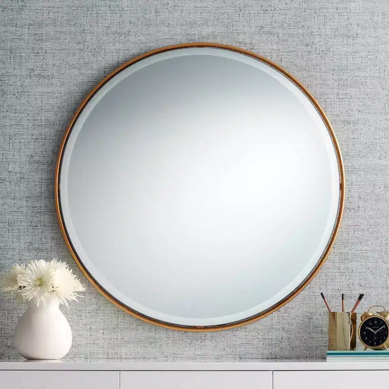 Round Vanity Decorative Wall Mirror, Vintage Beveled Edge, Antiqued Gold Leaf Iron Frame, 34" Wide