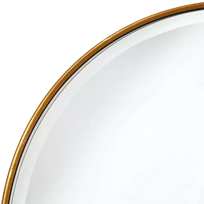 Round Vanity Decorative Wall Mirror, Vintage Beveled Edge, Antiqued Gold Leaf Iron Frame, 34" Wide