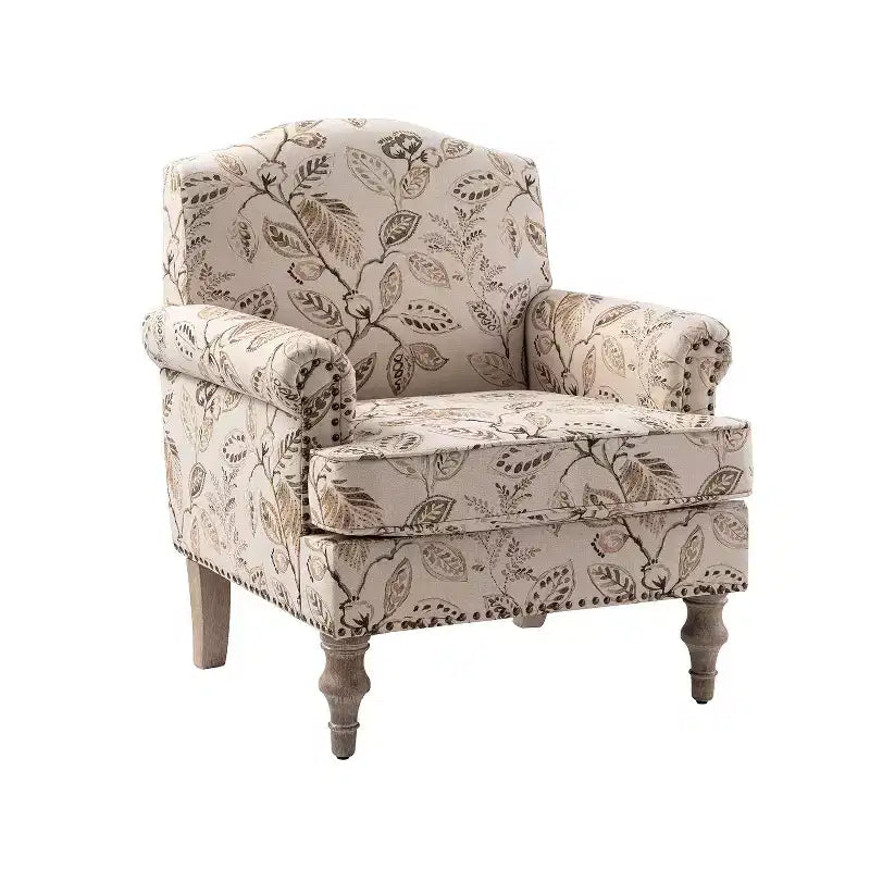 Wooden Upholstered Floral Pattern Armchair with Panel Arms and Camelback