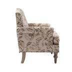 Wooden Upholstered Floral Pattern Armchair with Panel Arms and Camelback