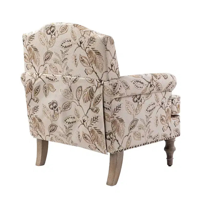 Wooden Upholstered Floral Pattern Armchair with Panel Arms and Camelback