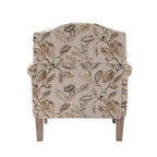 Wooden Upholstered Floral Pattern Armchair with Panel Arms and Camelback