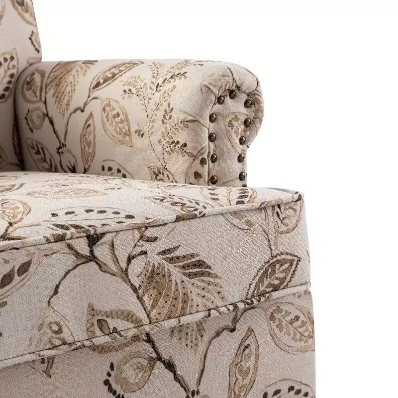 Wooden Upholstered Floral Pattern Armchair with Panel Arms and Camelback