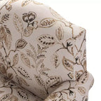Wooden Upholstered Floral Pattern Armchair with Panel Arms and Camelback