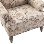 Wooden Upholstered Floral Pattern Armchair with Panel Arms and Camelback