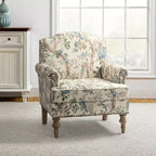 Wooden Upholstered Floral Pattern Armchair with Panel Arms and Camelback