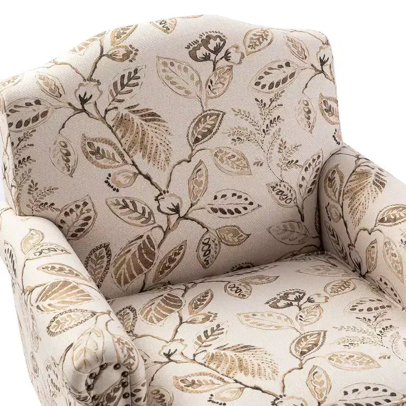 Wooden Upholstered Floral Pattern Armchair with Panel Arms and Camelback