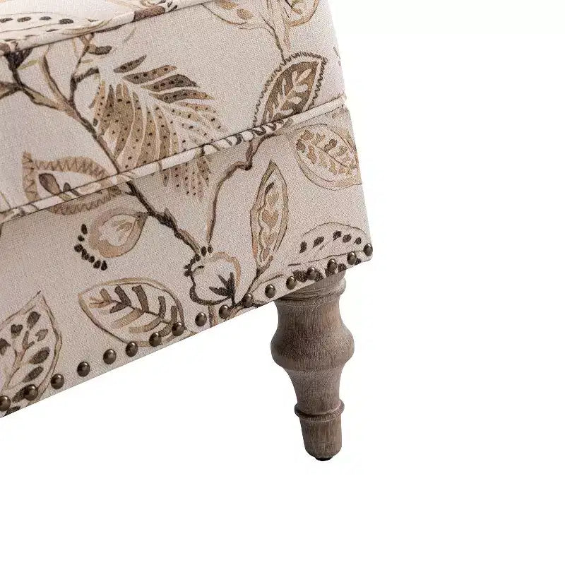 Wooden Upholstered Floral Pattern Armchair with Panel Arms and Camelback