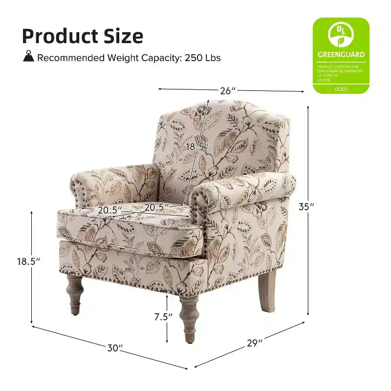 Wooden Upholstered Floral Pattern Armchair with Panel Arms and Camelback