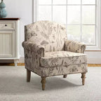 Wooden Upholstered Floral Pattern Armchair with Panel Arms and Camelback