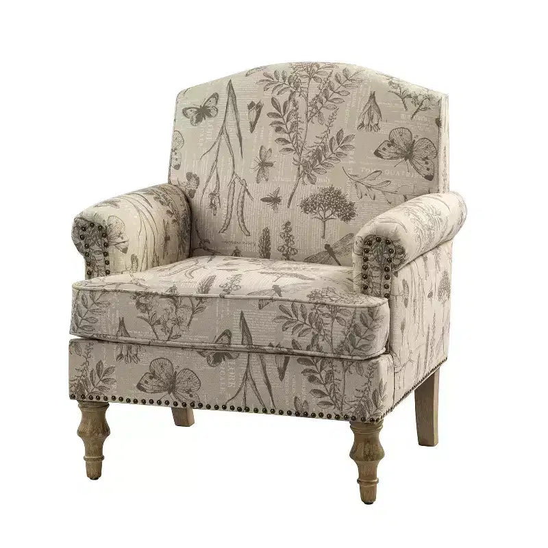 Wooden Upholstered Floral Pattern Armchair with Panel Arms and Camelback