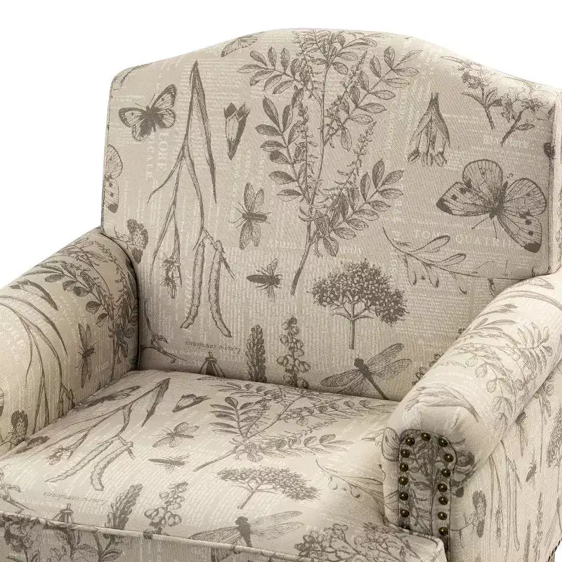 Wooden Upholstered Floral Pattern Armchair with Panel Arms and Camelback