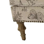 Wooden Upholstered Floral Pattern Armchair with Panel Arms and Camelback