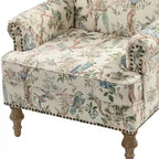 Wooden Upholstered Floral Pattern Armchair with Panel Arms and Camelback
